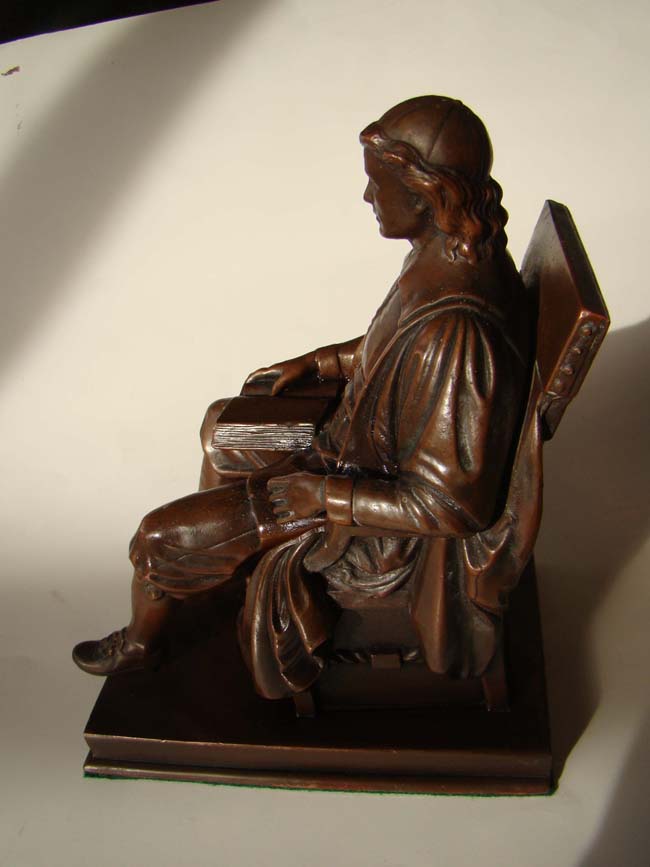 A lovely pair of chocolate bronze finished JOHN HARVARD bookends by Jennings Brothers circa 1920 — image 3